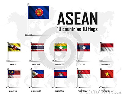 Flag of ASEAN Association of Southeast Asian Nation and membership with flagpole on world map background . Vector Vector Illustration