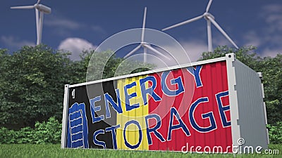 Flag of Belgium and ENERGY STORAGE Text on a Battery Container at Wind