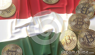Bitcoin BTC coins or tokens and flag of Hungary. Crypto market related 3D rendering Editorial Stock Photo