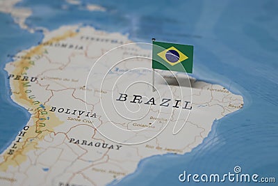 The Flag of brazil in the world map Stock Photo