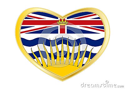 Flag of British Columbia in heart shape, golden Vector Illustration