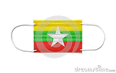 Flag of Burma Myanmar on a disposable surgical mask. White background Stock Photo