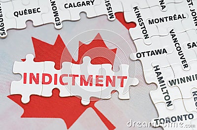 The flag of Canada features city name jigsaw puzzles and jigsaw puzzles with the words - Indictment Stock Photo