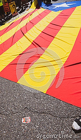Flag and Catalan protesters in front of European Parliament Editorial Stock Photo