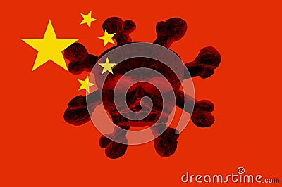 Flag of China depicting an abstract model of the covid-19 virus. The concept of attention to the worldwide spread of the pneumonia Stock Photo