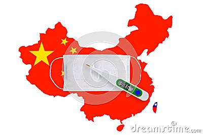 Flag of China and Taiwan with face mask and thermometer. Zero covid in China. Stock Photo