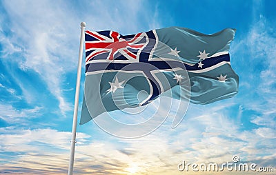 flag of Civil Air Ensign of Australia , Australia at cloudy sky background on sunset, panoramic view. Australian travel and Cartoon Illustration
