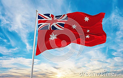 flag of Civil Ensign of Australia , Australia at cloudy sky background on sunset, panoramic view. Australian travel and patriot Cartoon Illustration