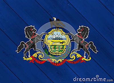 Flag and coat of arms of Commonwealth of Pennsylvania on a textured background. Concept collage Stock Photo