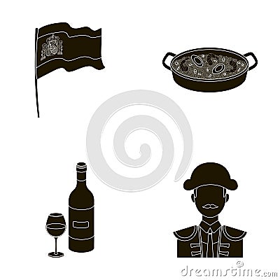 Flag with the coat of arms of Spain, a national dish with rice and tomatoes, a bottle of wine with a glass, a Vector Illustration