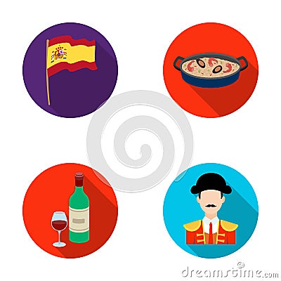 Flag with the coat of arms of Spain, a national dish with rice and tomatoes, a bottle of wine with a glass, a Vector Illustration