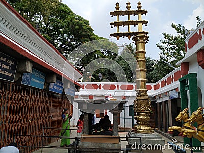 Flag column or Dhwaja Stambha in front of the Sri Kaadu Malleshwara/Mallikarjuna Swamy Temple. Hindu temple dedicated to the Shiva Editorial Stock Photo