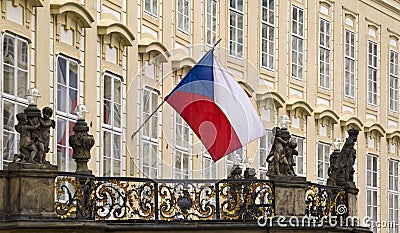 Flag of the Czech Republic on balcony of the old royal palace in Prague. Stock Photo