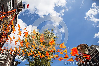 Flag and decorations on King`s day in Amsterdam Stock Photo