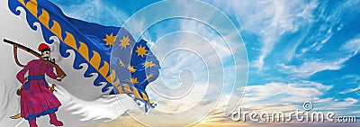 flag of Dnipropetrovsk region , Ukraine at cloudy sky background on sunset, panoramic view. Ukrainian travel and patriot concept. Cartoon Illustration
