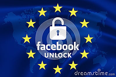 Flag of the European Union with text open to Facebook with the symbol of open lock Editorial Stock Photo