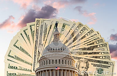 Flag flies in front of Capitol in DC with cash behind the dome as concept for stimulus virus payment Stock Photo