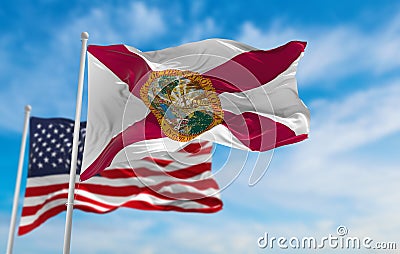 flag of Florida state, Usa in front of official Flag of US at cloudy sky background. United states of America patriotic concept. Cartoon Illustration
