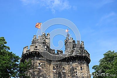 Flag flying John O Gaunt Gateway, Lancaster Castle Editorial Stock Photo