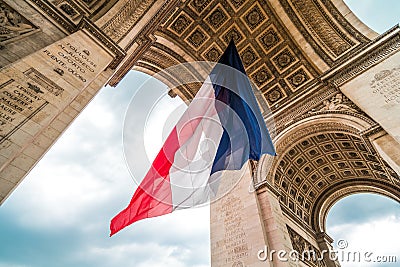 Flag of France at Arc de Triomphe Stock Photo