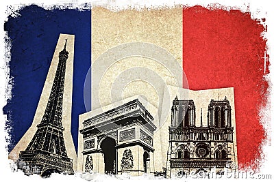 Flag of France with monument : Eiffel Tower Stock Photo