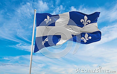 flag of French ancestry Quebecois people at cloudy sky background, panoramic view. flag representing extinct country,ethnic group Cartoon Illustration