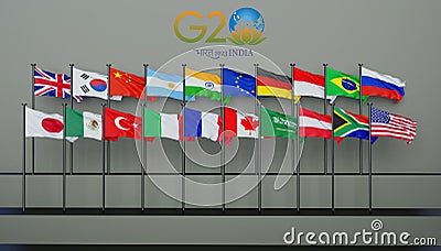 Flag G20 India, Flags The members of the G20 are, G20 2023 colors flag with Text, Copy space, 3d illustration and 3d work Cartoon Illustration