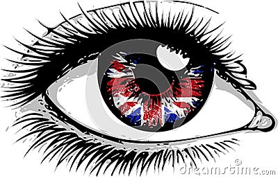 Flag of the Great Britain in beautiful male or female eye. surprised woman with open mouth. Colorful vector Vector Illustration