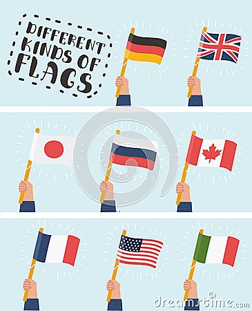 Flag in hand round icons set. Human hands holding flags of different countries, vector illustration Vector Illustration