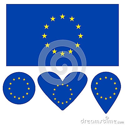 Flag Icon, Heart, Circle, a pointer, in the form of a flag of the European Union. Vector Illustration