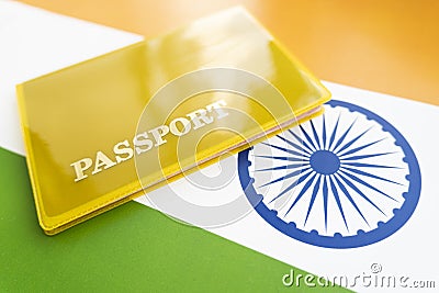 Flag of India with passport. Travel visa and citizenship concept. residence permit in the country. a yellow document Stock Photo