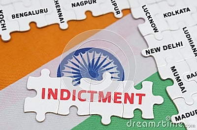 On the flag of India - puzzles with the names of cities and puzzles with the inscription - Indictment Stock Photo