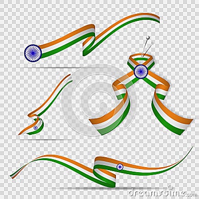 Flag of India. 15th of August. Blue Ashoka wheel. Chakra. Set of realistic wavy ribbons in colors of indian flag on Vector Illustration