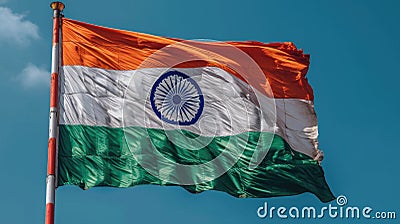 Flag of India waving in the wind against blue sky Stock Photo