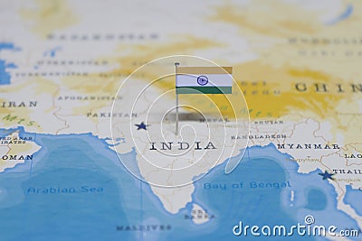 The flag of india in the world map Stock Photo