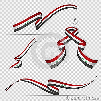 Flag of Iraq. 3rd of October. Set of realistic wavy ribbons in colors of iraqi flag on transparent background. Allahu Vector Illustration