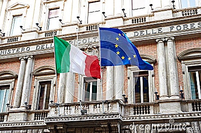 Flag of Italy and United Europe on government in Rome Stock Photo