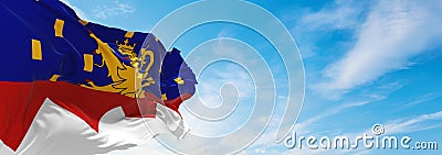 flag of Jura, France at cloudy sky background on sunset, panoramic view. French travel and patriot concept. copy space for wide Cartoon Illustration