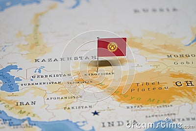 The Flag of kyrgyzstan in the world map Stock Photo