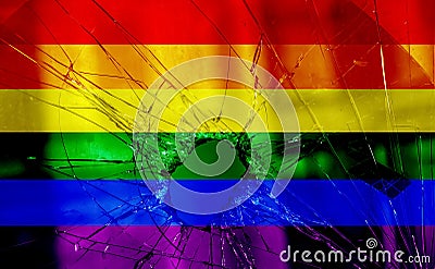 Flag LGBT community pride on a broken glass background. Raimbow gay culture symbol. Concept collage Stock Photo