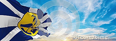 flag of Lord Howe Island , Australia at cloudy sky background on sunset, panoramic view. Australian travel and patriot concept. Cartoon Illustration