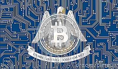flag of Louisiana state of USA and bitcoin, Integrated Circuit Board pattern. Bitcoin Stock Growth. Conceptual image for investors Stock Photo