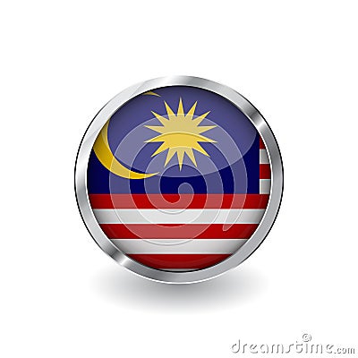 Flag of malaysia, button with metal frame and shadow. malaysia flag vector icon, badge with glossy effect and metallic border. Rea Vector Illustration