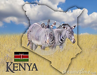 Flag Map of Kenya on which is a picture of a zebras. There is the text of Kenya and flag. There is It is national african Stock Photo