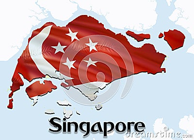 Flag Map of Singapore. 3D rendering Singapore map and flag on Asia map. The national symbol of Singapore. Singaporeans flag map Stock Photo