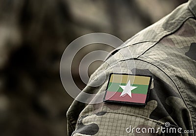 Flag of Myanmar and also known as Burma on military uniform. Army, armed forces, soldiers. Collage Stock Photo