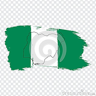 Flag Nigeria from brush strokes and Blank map Federative Republic of Nigeria. High quality map of Nigeria and flag on transparent Vector Illustration