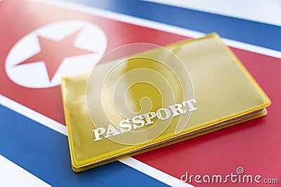 Flag of north korea with passport. Travel visa and citizenship concept. residence permit in the country. a yellow Stock Photo