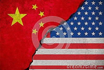 Flag of the republic of china on broken brick wall and half usa Stock Photo