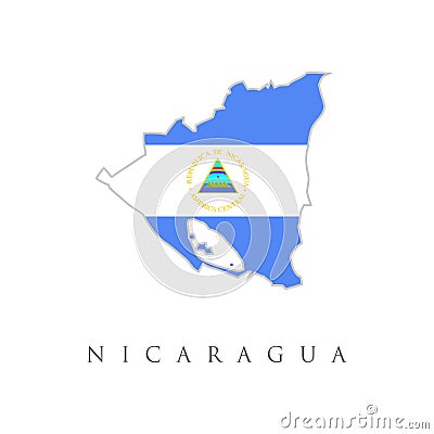 Flag of the Republic of Nicaragua overlaid on outline map isolated on white background. Map Of Nicaragua With Flag As Texture Vector Illustration